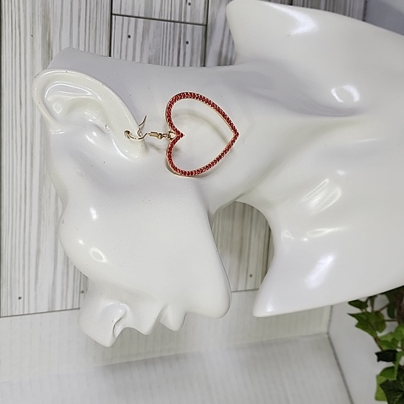 Gold with Red Crystal Stones Heart Drop Earrings  Her - Picture 7 of 8